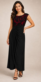 Connected Apparel 3085 | Floral Lace Draped Maxi Gown Black Burgundy Dark Romantic Formal Women 6 Photo 0