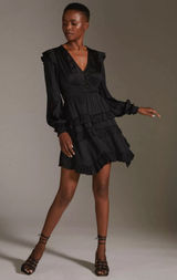By Anthropologie Tiered Ruffled Mini Dress‎ Small Black Satin Long Sleeve Photo 0