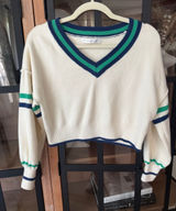 Altar’d state varsity cropped sweater vneck kelly green striped navy knit ribbed Photo 0