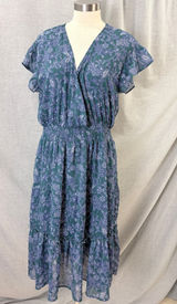 Voy Teal Blue Floral‎ Midi Dress Smocked Waist Flutter Sleeve L Cottagecore Photo 0