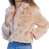 MinkPink Faux Fur Anya‎ Jacket Coat L Tan Fuzzy Plush Cozy Mobwife Party Retro Photo 0