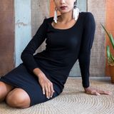 Tonle Black Long Sleeve Scoop Neck Fitted Midi Dress | Size Large Photo 0