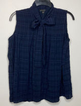 NWT Ann Taylor navy blue plaid tie neck top size small Photo 0