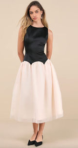 Lulus Contemporary Elegance Black and Cream Satin Tulle Midi Dress Large NWT Photo 0