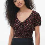 AEROPOSTALE Floral Crop Top Women XL Black Pink Smocked V-Neck Puff‎ Sleeve NWT Photo 0