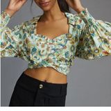 Anthropologie Floral Twist Front Crop Top Balloon Sleeve Smocked Womens Medium Photo 0