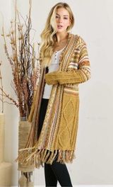 Bohemian Longline Knit Cardigan With Fringe Tassel Hem Southwestern Aztec Print Photo 0