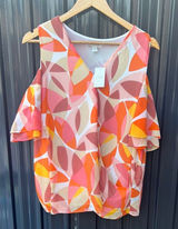 Cato Pink Orange Yellow Abstract Graphic Cold Shoulder Blouse L Large NWT Ruffle Photo 0