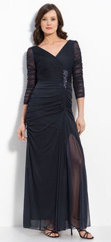 Adrianna Papell Ruched Mesh Navy Blue Beaded V Neck Maxi Dress Formal Size 4 Photo 0