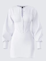 Finesse White Corset Mini Dress Long Puff Sleeve Button Front Bodycon Dress -S Photo 0
