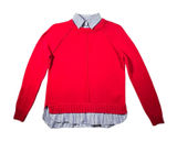 Lauren Ralph Lauren Sweater Womens Large Red Faux Layered Pinstripe Shirt Trim Photo 0