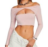New SER.O.YA Ellis Twisted Cutout Front Long Sleeve Crop Top Pink Size Large Photo 0