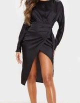 PrettyLittleThing High Slit Wrap Dress Womans 8 Black Satin Open Back Clubwear Photo 0