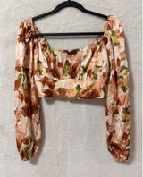 Abercrombie & Fitch Floral Satin Crop Top Medium Long Sleeve Blouse Orange Photo 0