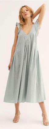 Free‎ People Midi Dress Womens XS Blue Ruffle V-Neck Linen Blend Boho Summer Photo 0