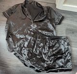 Black Satin Two-Piece Pajama Set (Top + Shorts) Photo 0