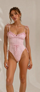 For Love & Lemons Haiden One Piece Swimsuit Rose Tyrie Pink Gingham S NWT Photo 0