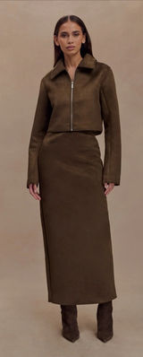 MESHKI Hayes Faux Vegan Suede Midi Maxi Skirt in Chocolate Brown Size XS NWT Photo 0