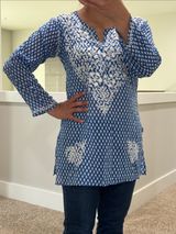 Mul cotton Blue and White Embroidered V-Neck Tunic Top kurti top Photo 0