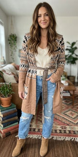 Rachel Zoe Womens Aztec Hooded Belted Cardigan‎ Sweater Brown Geometric Small Photo 0