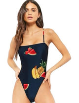 Forever 21 Fruit Print One Piece Swimsuit Large‎ NWT Navy Blue Watermelon Banana Photo 0