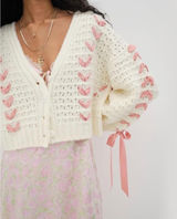 Ribbon Lace Up‎ Cardigan Womens Large Cream Pink Coquette Pointelle Knit Chunky Photo 0
