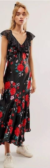Free People Warm‎ Hearts Satin Midi Dress Size XS Lace Floral Dainty Romantic Photo 0