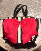 Vintage Black & White Stripe Tote with Large Pink Bow Photo 0