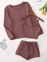 3 Piece Lounge Set, Long Sleeve Top, Cami Top & Elastic Waistband Shorts Photo 0