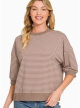 Zenana 3 4 Seeve Striped Contrast Trim Top Photo 0