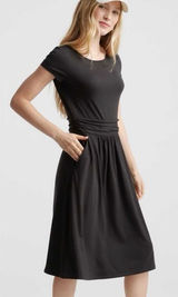 Quince Womens Black Tencel Jersey Ruched Waist Dress sz M NWT Short Sleeve Midi Photo 0