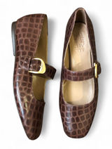Y2K 90s Preppy Streetwear Brown Grunge Faux Croc Leather Mary Jane Ballet Ballerina Flats Gold Buckles Shoes Round Square Toe Office Siren Quiet Luxury Old Money #Dainty #Cottagecore #Whimsygoth #Dark Academia #Lolita Great condition Photo 0