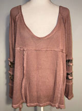 POL Size L Pink Distressed Camo Sleeve Mesh Knit‎ Long Sleeve Top Photo 0