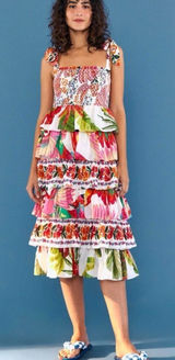 NWT Farm Rio Dress MIXED WHITE PRINTS Layered Dress Off‎ White smocked tie strap Photo 0