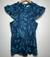 J. Crew Women 100% Cotton Preppy Top XS Blue Leaf Print Ruffle Flutter Sleeve Photo 0
