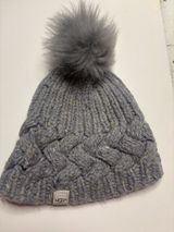 UGG Australia Women's Gray Cable Knit Beanie Hat Faux Fur Pom-Pom Wool Blend Photo 0