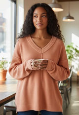 Aerie Cozy V-Neck Ribbed Sweater Women's Size S Orange Loungewear Photo 0