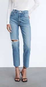 ZARA Size 4 High Rise Ripped Straight Denim Blue Jeans Distressed 100% Cotton Photo 0