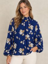 NEW Ann Taylor LOFT Women's MEDIUM Smocked High Neck Blouse Long Sleeve BlueTop Photo 0