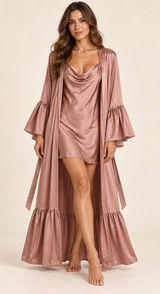 Azazie Satin Robe and Chemise Set Dusty Rose Ruffle Bell Sleeve Bridal Lounge L Photo 0
