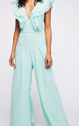 Fame & Partners Free People Jacy Ruffle Wide Leg Jumpsuit Mint Swiss Dot‎ Small Photo 0