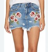 Free People Wild Rose Embroidered Denim Mini Skirt Sz 24 Blue Distressed Photo 0