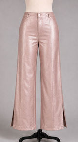 Forever 21 Metallic Pink Faux Leather Wide Leg Pants High Rise Slit Hem Large Photo 0