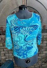 norm thompson top long sleeve leaves swirl blue beaded sequins Photo 0