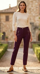 Esilla Women Plum Burgundy Crop Slim Fit Stretch Trousers Gold Zip‎ Pockets Sz 6 Photo 0