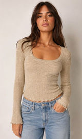 Altar'd State Rival Beige Ribbed Scoop-Neck Long Sleeve Top Size Small Photo 0