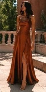 Birdy Grey Women L Rust Satin Cowl Neck Maxi Dress Bridesmaid Wedding Guest Photo 0