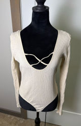 Aerie Cream Off White Ribbed Bodysuit Strappy Criss Cross Casual Stretch Lg Photo 0