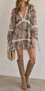 For Love & Lemons Floral Lace-Trim Long Sleeve Dress Pink Grey Sage S Photo 0