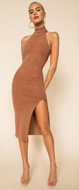 [Superdown] Copper Metallic Arima Halter Neck Knit Midi Sweater Dress Sz Small S Photo 0